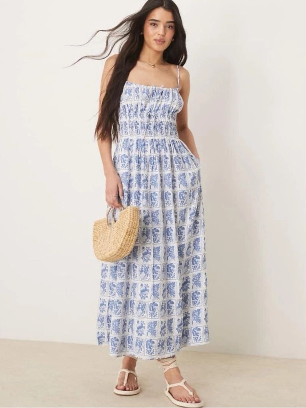Abercrombie Smocked Tie Front Maxi Dress Fruit Floral Blue NEW XS Euro Resort